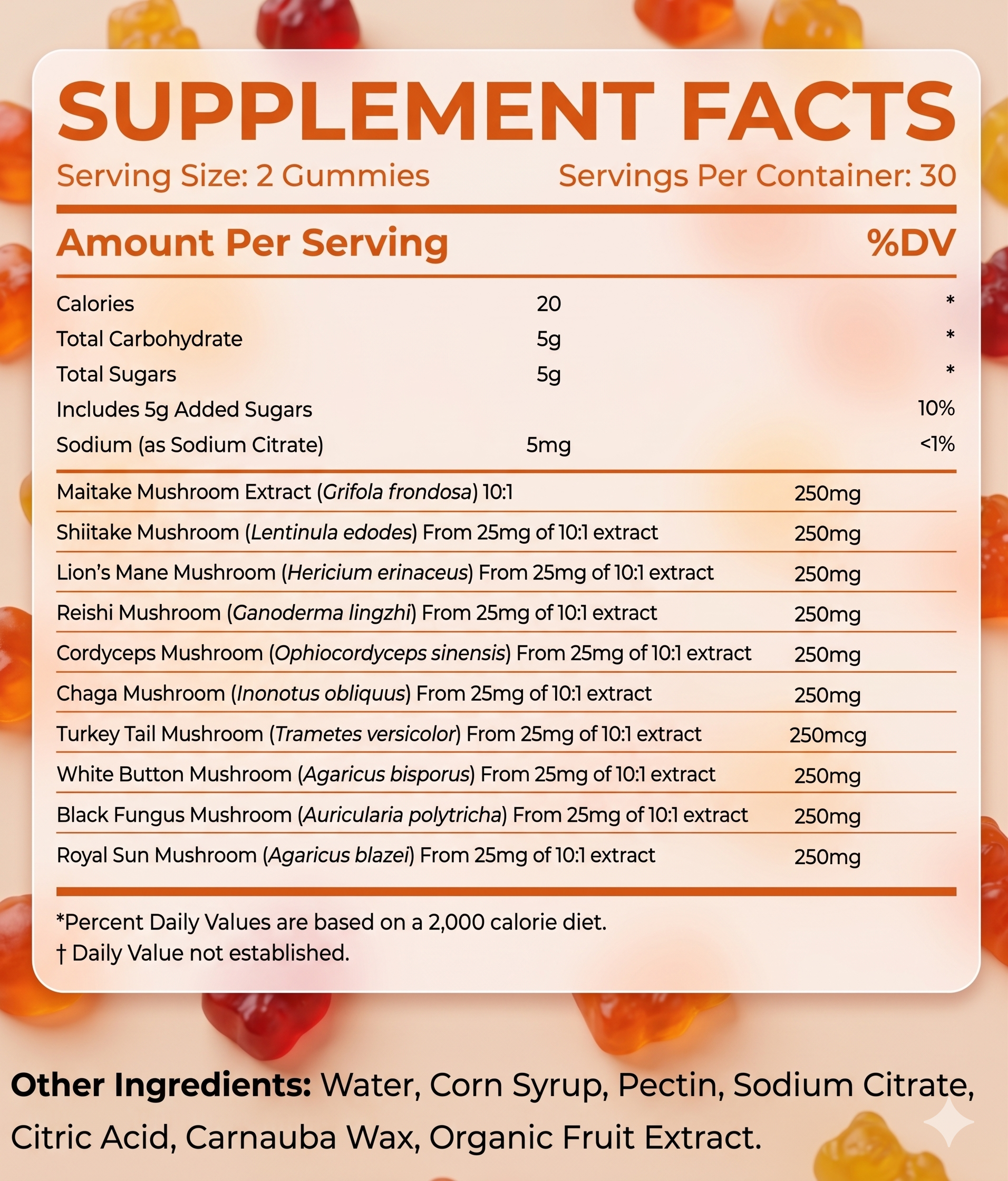 Mushroom Gummies Complex – Melena de León, Reishi, Cordyceps, Chaga y Más | 10 Hongos Funcionales | 60 Gummies